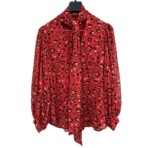 Chico's Blouse Size 3 16 XL Red Printed Chiffon Tie Bow Neck Balloon Sleeve - Picture 2 of 10